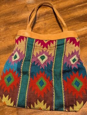 Handwoven Multicolor Vintage Leather Tan Tote Bag